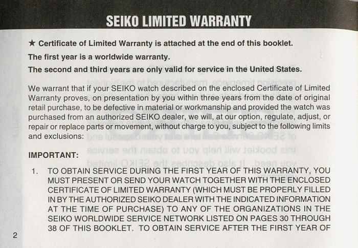 Seiko luxe Factory Warranty.